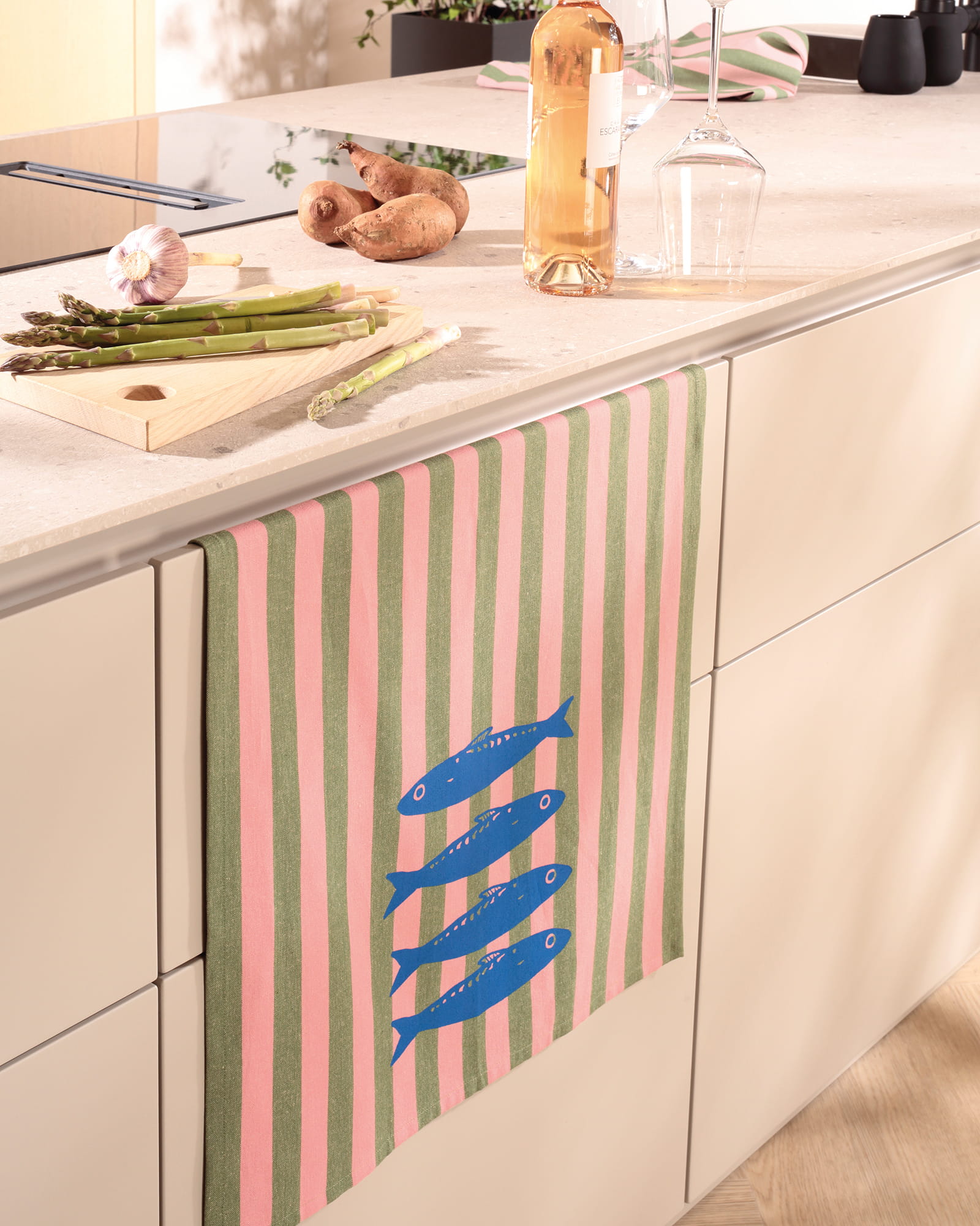 Cawö Home Geschirrtücher Prints & Stripes Sardinen 543 oliv/rosa - 24 - 50x70 cm
