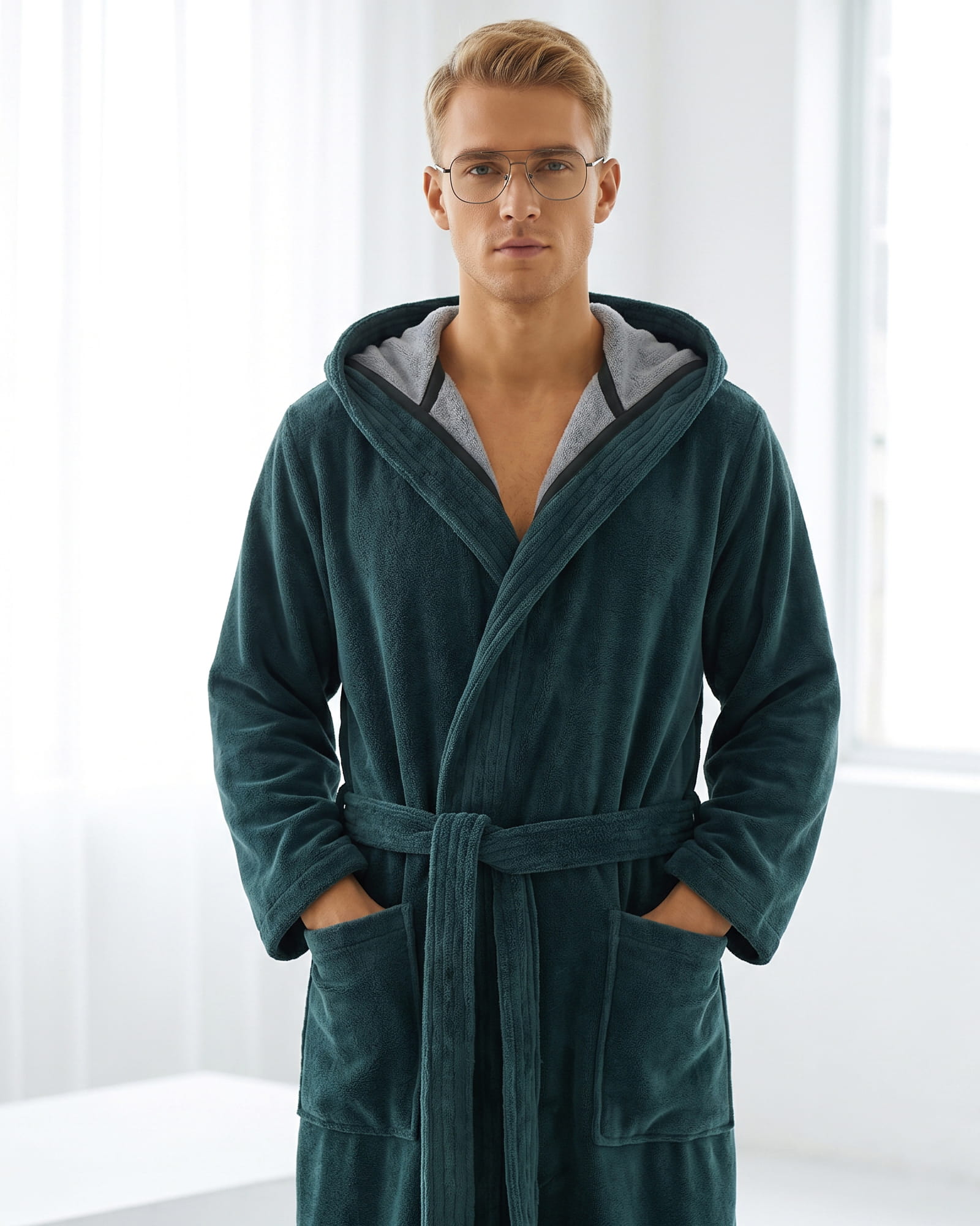 Cawö Home Bademäntel Herren Kapuze Doubleface 831 petrol - 49